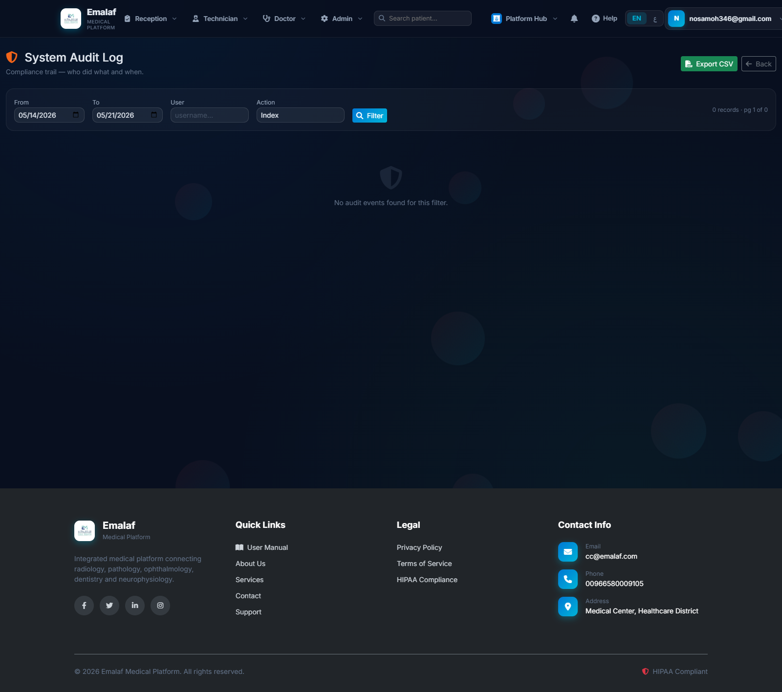 Admin Audit Log search page